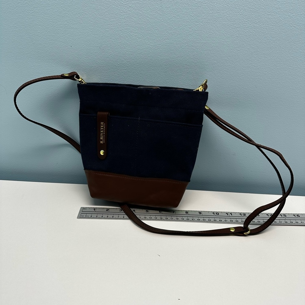 R. Riveter blue canvas and leather tote over the shoulder handbag american made